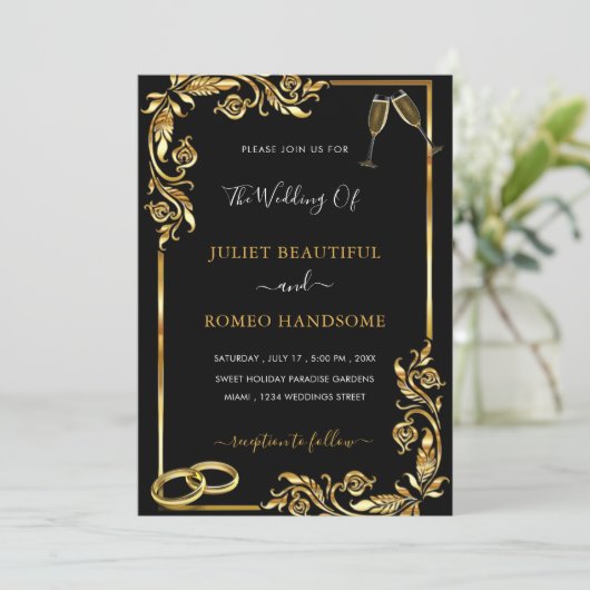 Gold Leaves Framed Golden Black Wedding Invitation (Staand voorkant)