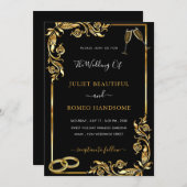 Gold Leaves Framed Golden Black Wedding Invitation (Voorkant / Achterkant)