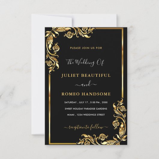 Gold Leaves Framed Modern Black Wedding Invitation Kaart (Voorkant)