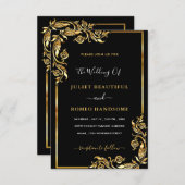 Gold Leaves Framed Modern Black Wedding Invitation Kaart (Voorkant / Achterkant)