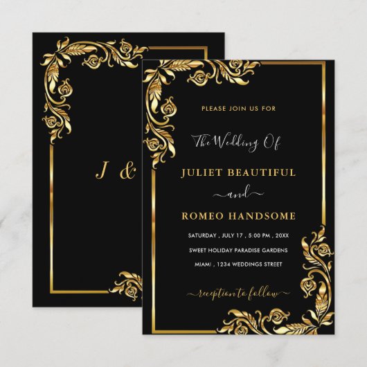 Gold Leaves Framed Modern Black Wedding Invitation Kaart (Voorkant / Achterkant)