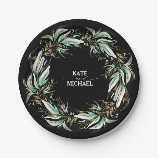 Gold Leaves Greenery Black Wedding Papieren Bordje (Voorkant)