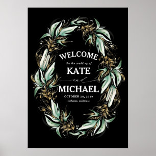 Gold Leaves Greenery Black Weduwen Welkom Poster