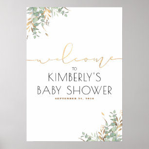 Gold Leaves Greenery Elegant Baby shower Welkom Poster
