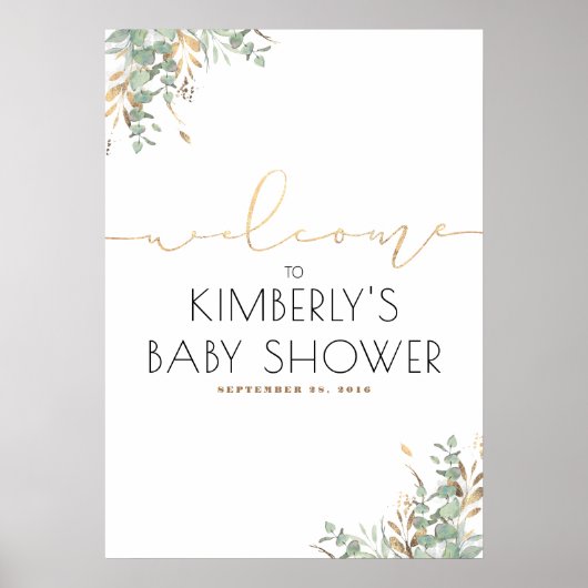 Gold Leaves Greenery Elegant Baby shower Welkom Poster (Voorkant)