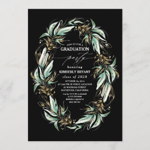 Gold Leaves Greenery Krans Zwart Afstuderen Kaart
