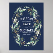Gold Leaves Greenery Navy Blue Wedding Welkom Poster (Voorkant)