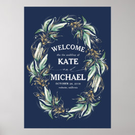 Gold Leaves Greenery Navy Blue Wedding Welkom Poster