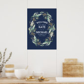 Gold Leaves Greenery Navy Blue Wedding Welkom Poster (Keuken)
