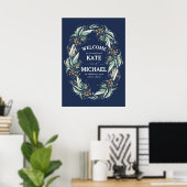 Gold Leaves Greenery Navy Blue Wedding Welkom Poster (Thuiskantoor)