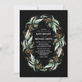 Gold Leaves Greenery Wreath Black Modern Wedding Kaart (Voorkant)
