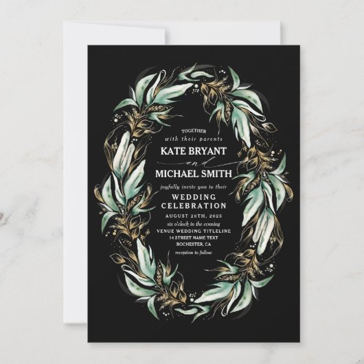 Gold Leaves Greenery Wreath Black Modern Wedding Kaart (Voorkant)