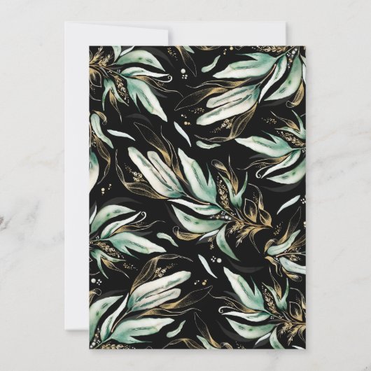 Gold Leaves Greenery Wreath Black Modern Wedding Kaart (Achterkant)