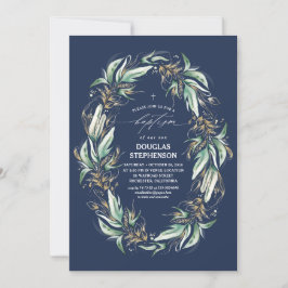Gold Leaves Greenery Wreaty Navy Blue Baptisme Kaart