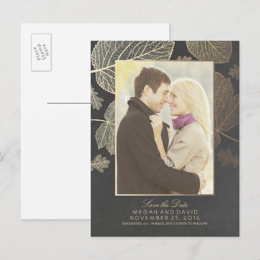 Gold Leaves Herfst Photo Save the Date Aankondigingskaart (Voorkant / Achterkant)