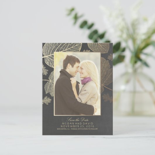 Gold Leaves Herfst Photo Save the Date Aankondigingskaart (Staand voorkant)