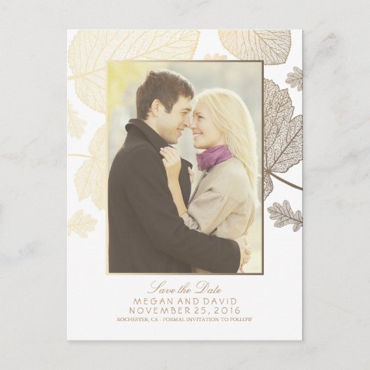 Gold Leaves Herfst White Foto Bewaar de datum Aankondigingskaart (Voorkant)