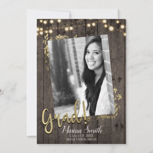 Gold Leaves & Lights Rustic Dark Wood Afstuderen Kaart (Voorkant)