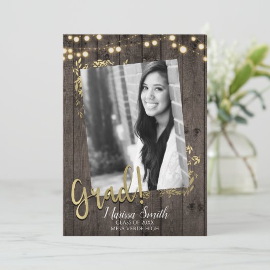 Gold Leaves & Lights Rustic Dark Wood Afstuderen Kaart (Staand voorkant)