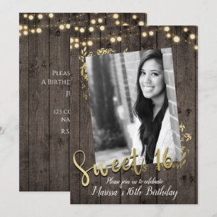 Gold Leaves & Lights Rustic Dark Wood Sweet 16 Kaart