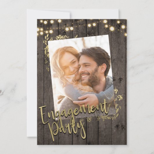 Gold Leaves Lights Rustic Dark Wood Verloving Kaart (Voorkant)