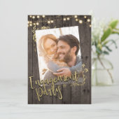 Gold Leaves Lights Rustic Dark Wood Verloving Kaart (Staand voorkant)