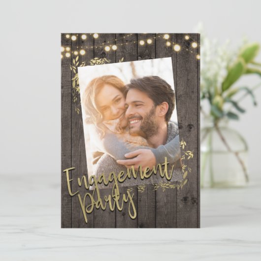 Gold Leaves Lights Rustic Dark Wood Verloving Kaart (Staand voorkant)