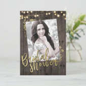 Gold Leaves Lights Rustic Dark Wood Vrijgezellenfe Kaart (Staand voorkant)