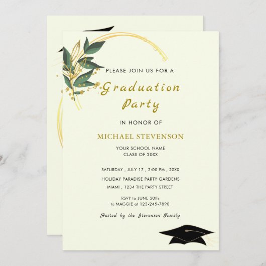 Gold Leaves Lijst Afstuderen Invitation Sjabloon (Voorkant / Achterkant)
