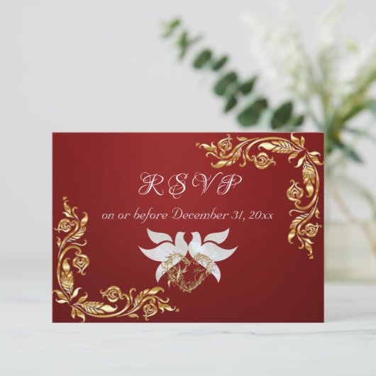 Gold Leaves Lijst op Ruby Red RSVP Kaartje (Staand voorkant)