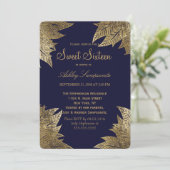 Gold Leaves on Navy Blue Sweet 16 Invitations Kaart (Staand voorkant)