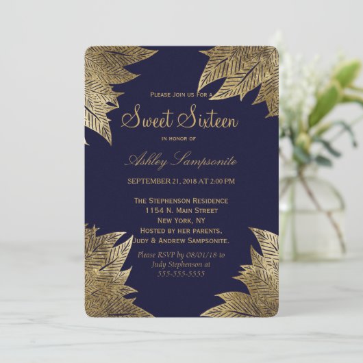 Gold Leaves on Navy Blue Sweet 16 Invitations Kaart (Staand voorkant)