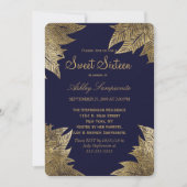 Gold Leaves on Navy Blue Sweet 16 Invitations Kaart (Voorkant)