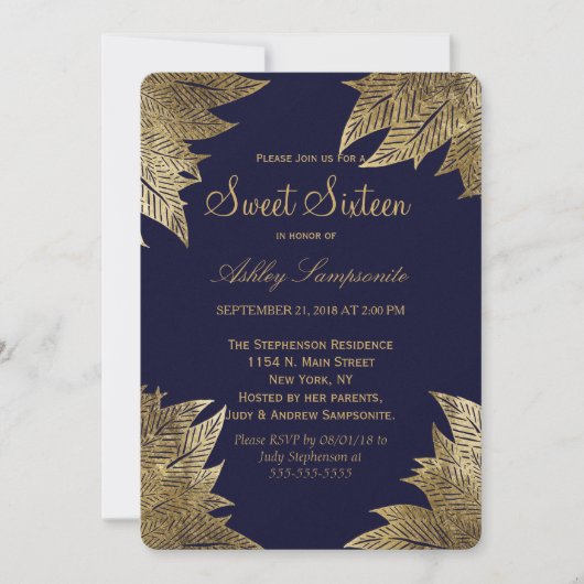 Gold Leaves on Navy Blue Sweet 16 Invitations Kaart (Voorkant)