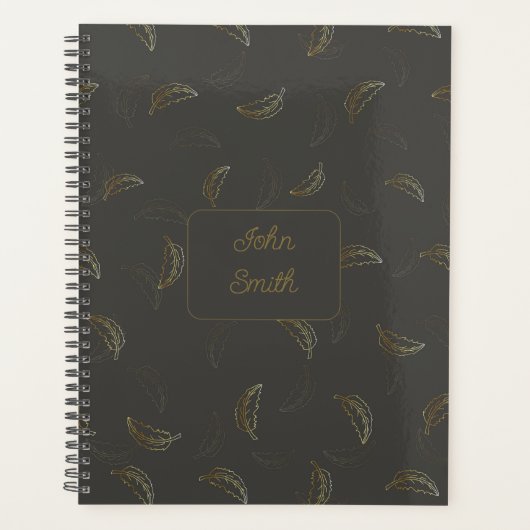 Gold Leaves op Black_ Bloemen Patroon Script Planner (Voorkant)