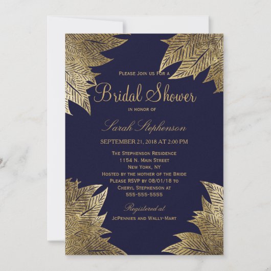 Gold Leaves op Navy Blue Bridal Shower Uitnodiging (Voorkant)