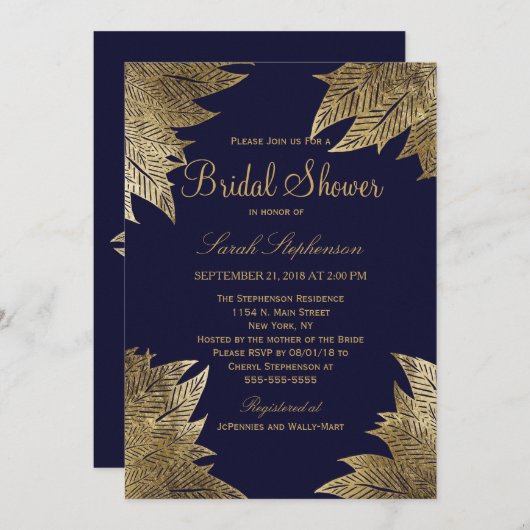 Gold Leaves op Navy Blue Bridal Shower Uitnodiging (Voorkant / Achterkant)