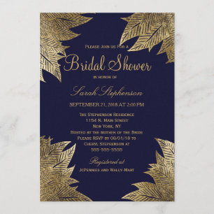 Gold Leaves op Navy Blue Bridal Shower Uitnodiging