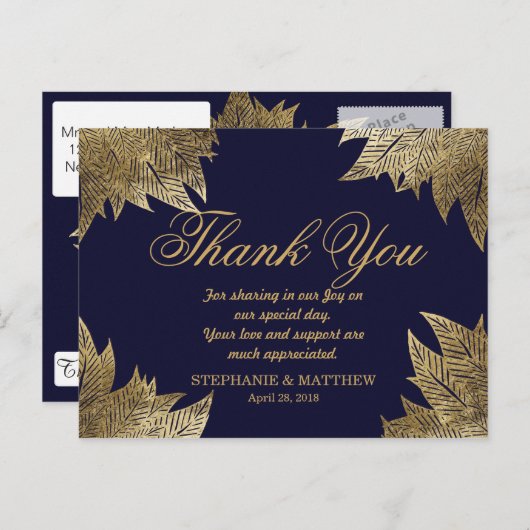Gold Leaves op Navy Blue Dank u Briefkaarten (Voorkant / Achterkant)