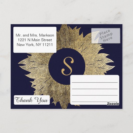 Gold Leaves op Navy Blue Dank u Briefkaarten (Achterkant)