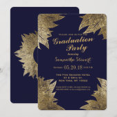 Gold Leaves op Navy Blue Graduation Party nodigt u Kaart (Voorkant / Achterkant)