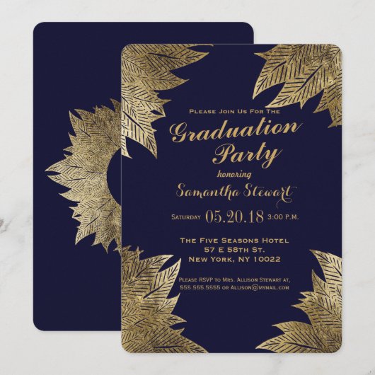 Gold Leaves op Navy Blue Graduation Party nodigt u Kaart (Voorkant / Achterkant)