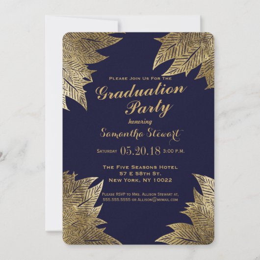 Gold Leaves op Navy Blue Graduation Party nodigt u Kaart (Voorkant)