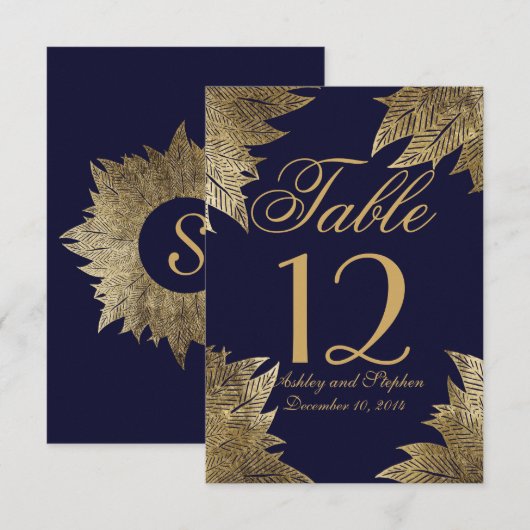 Gold Leaves op Navy Blue Table Numbers Kaart (Voorkant / Achterkant)