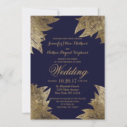 Gold Leaves op Navy Blue Wedding Invitations Kaart (Voorkant)