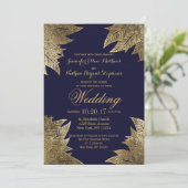 Gold Leaves op Navy Blue Wedding Invitations Kaart (Staand voorkant)