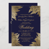 Gold Leaves op Navy Blue Wedding Invitations Kaart (Voorkant / Achterkant)