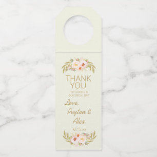 Gold Leaves Pink Floral Ivory Cream Weddenschap Flessenhanger