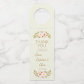 Gold Leaves Pink Floral Ivory Cream Weddenschap Flessenhanger (Voorkant)