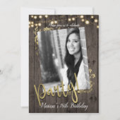 Gold Leaves Rustic Dark Wood Birthday Party Kaart (Voorkant)